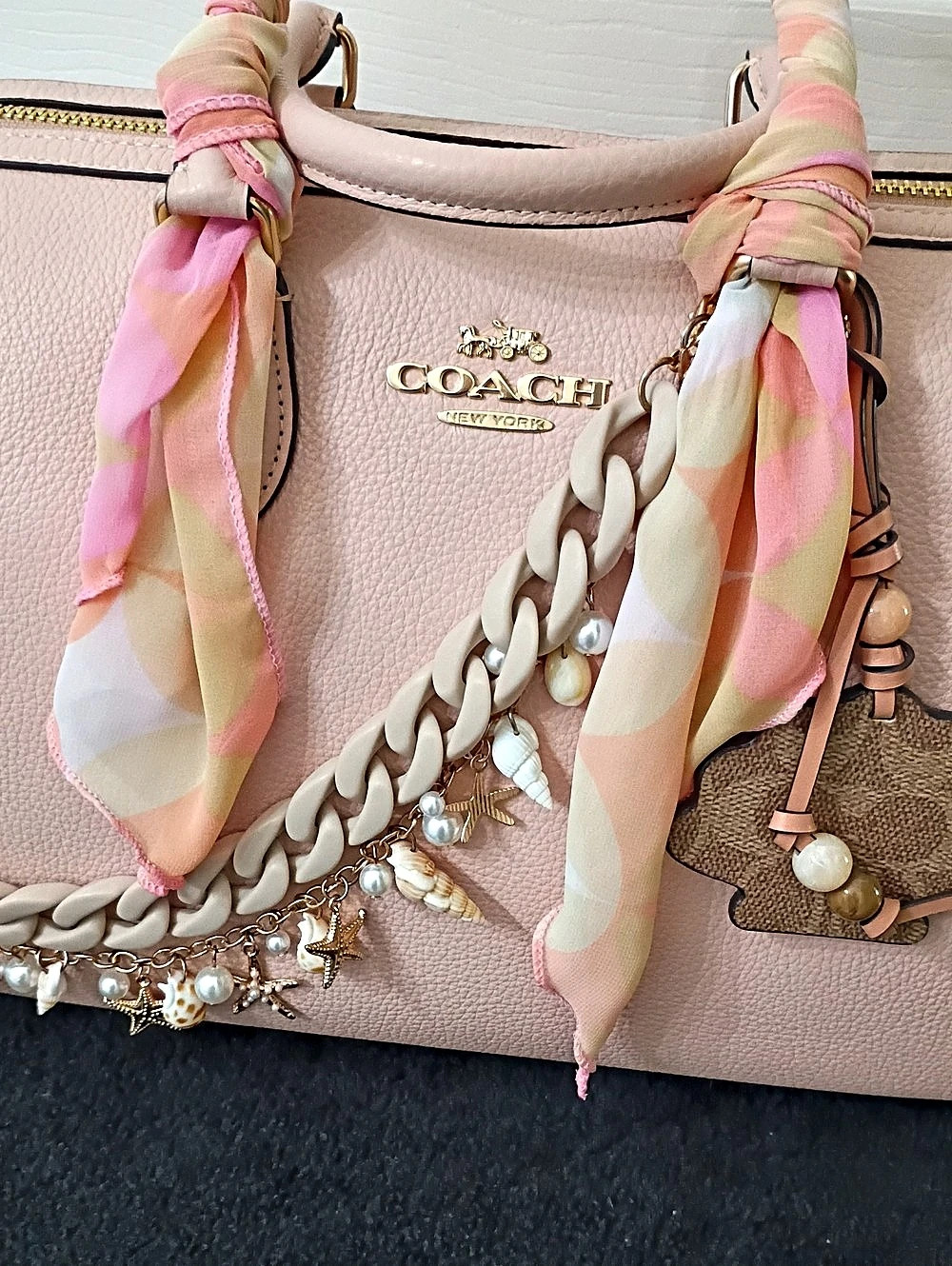Coach Rowan Large Satchel Bag With Shell Charm Pink & White - Picture 2 of 10